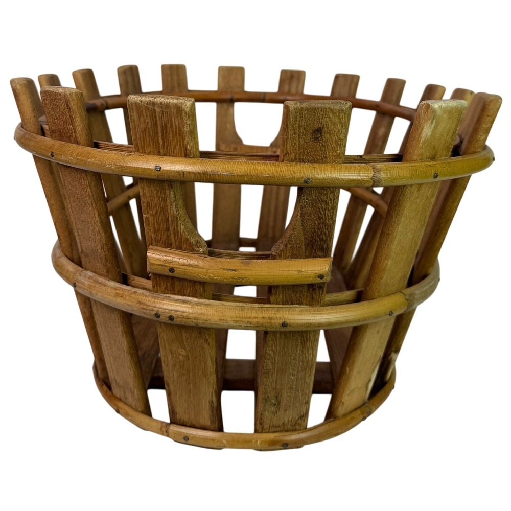 Vintage Large Oval Wooden Slats & Bamboo Basket Rustic Decor Storage Cottagecore - Picture 5 of 9